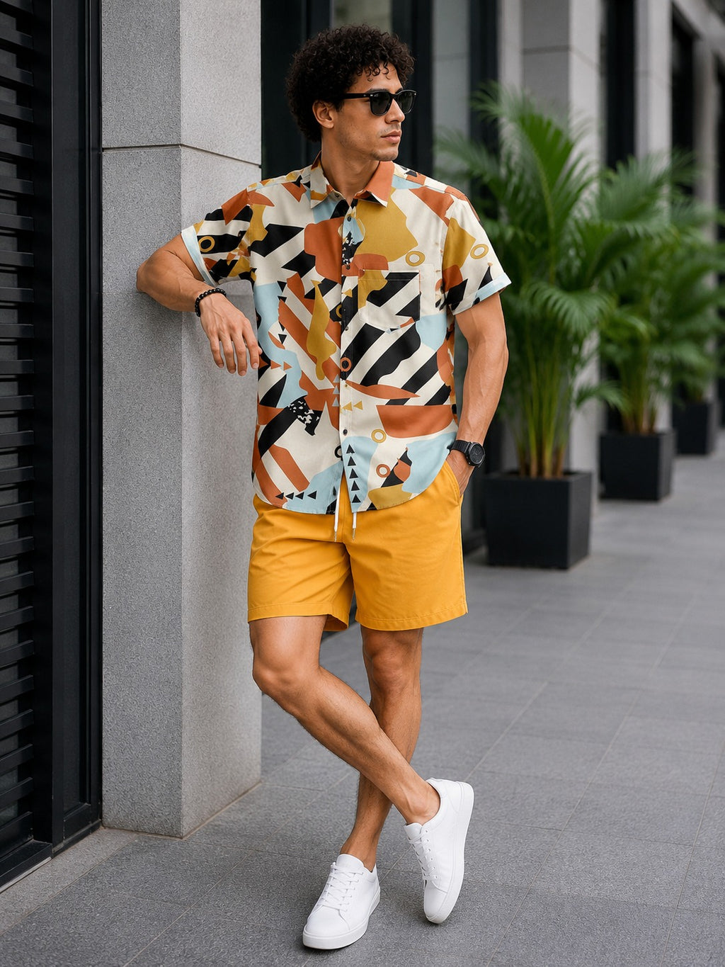 Men’s Print Shirt & Yellow Shorts Set