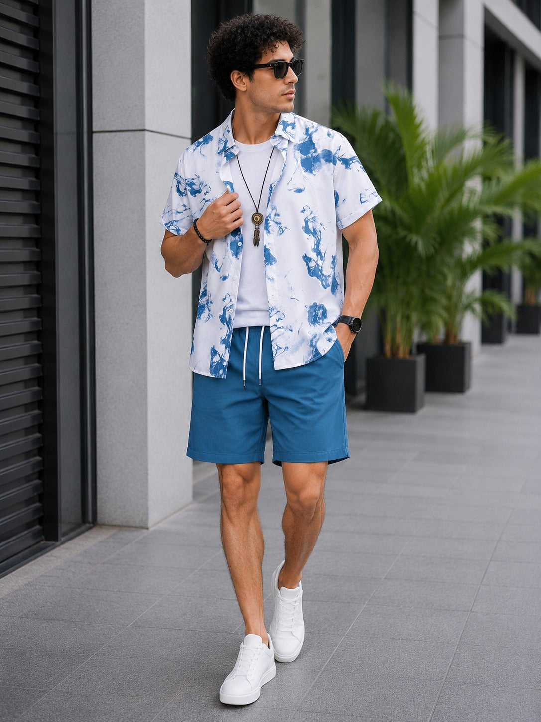 Men’s Blue Abstract Print Shirt & Shorts Set