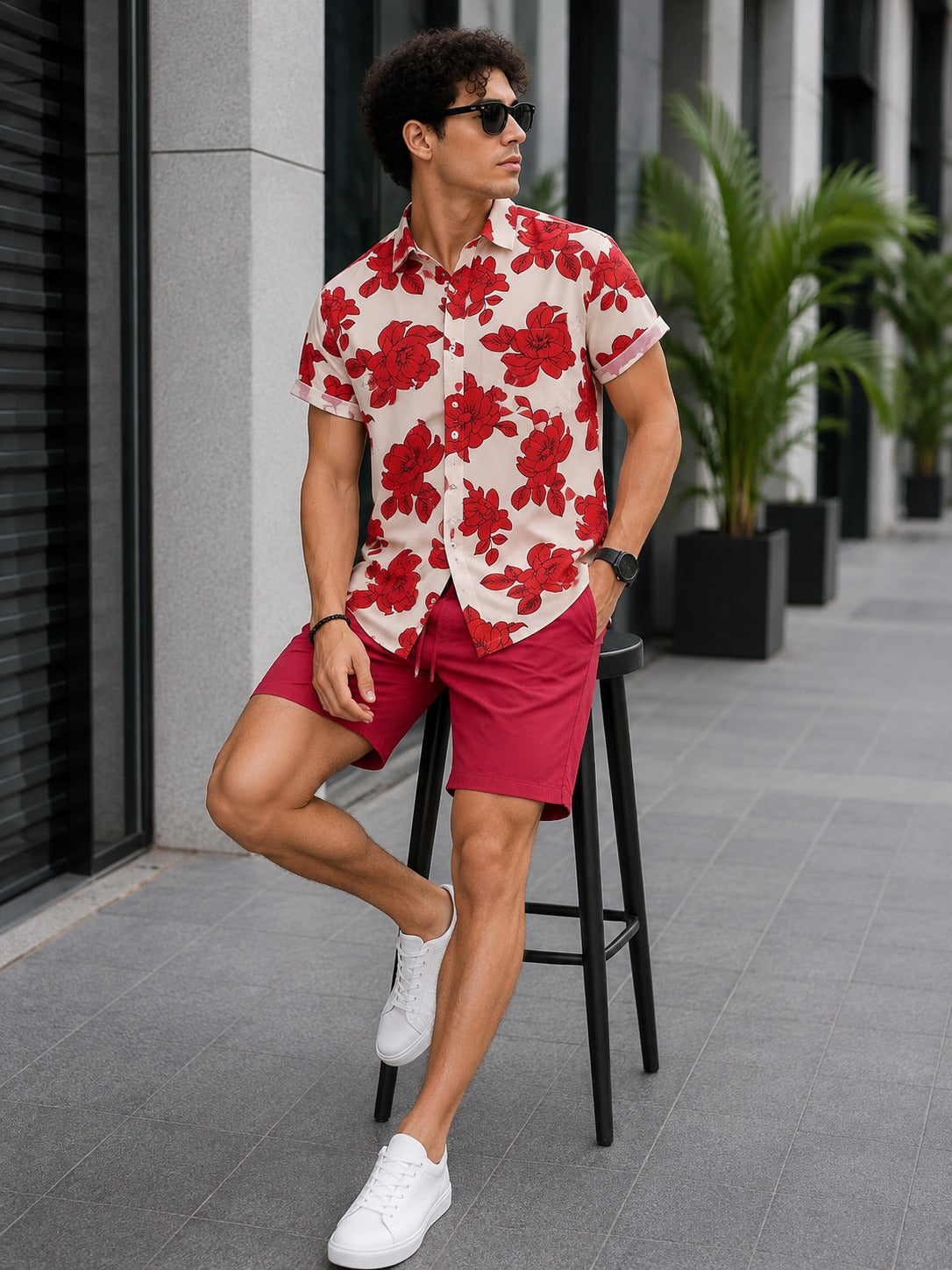 Men’s Red Rose Floral Shirt & Shorts Set