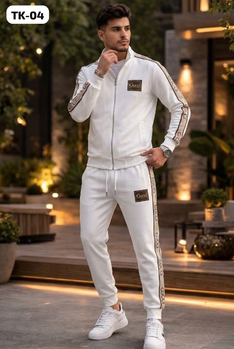 White Zip-Up Tracksuit Set with Lettered Tape Detail