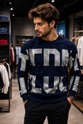Navy Blue Oversized Typography Crewneck Sweatshirt