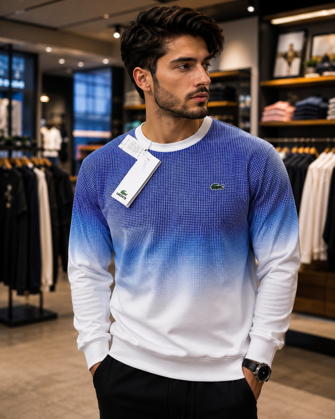 Lacoste Blue-to-White Gradient Crewneck Sweatshirt