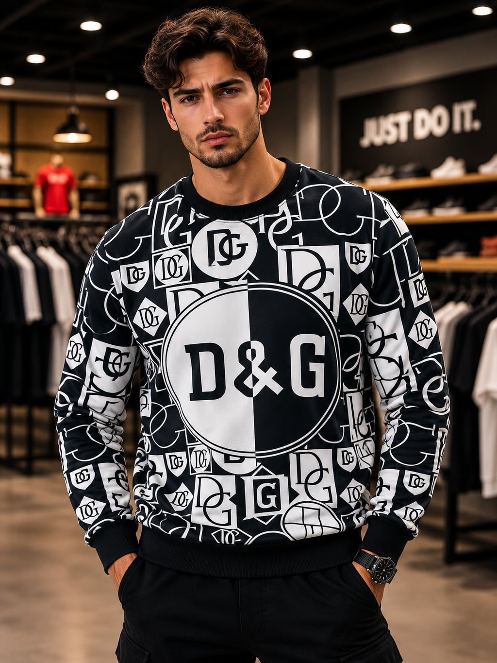 Navy D&G Monogram All-Over Print Crewneck Sweatshirt