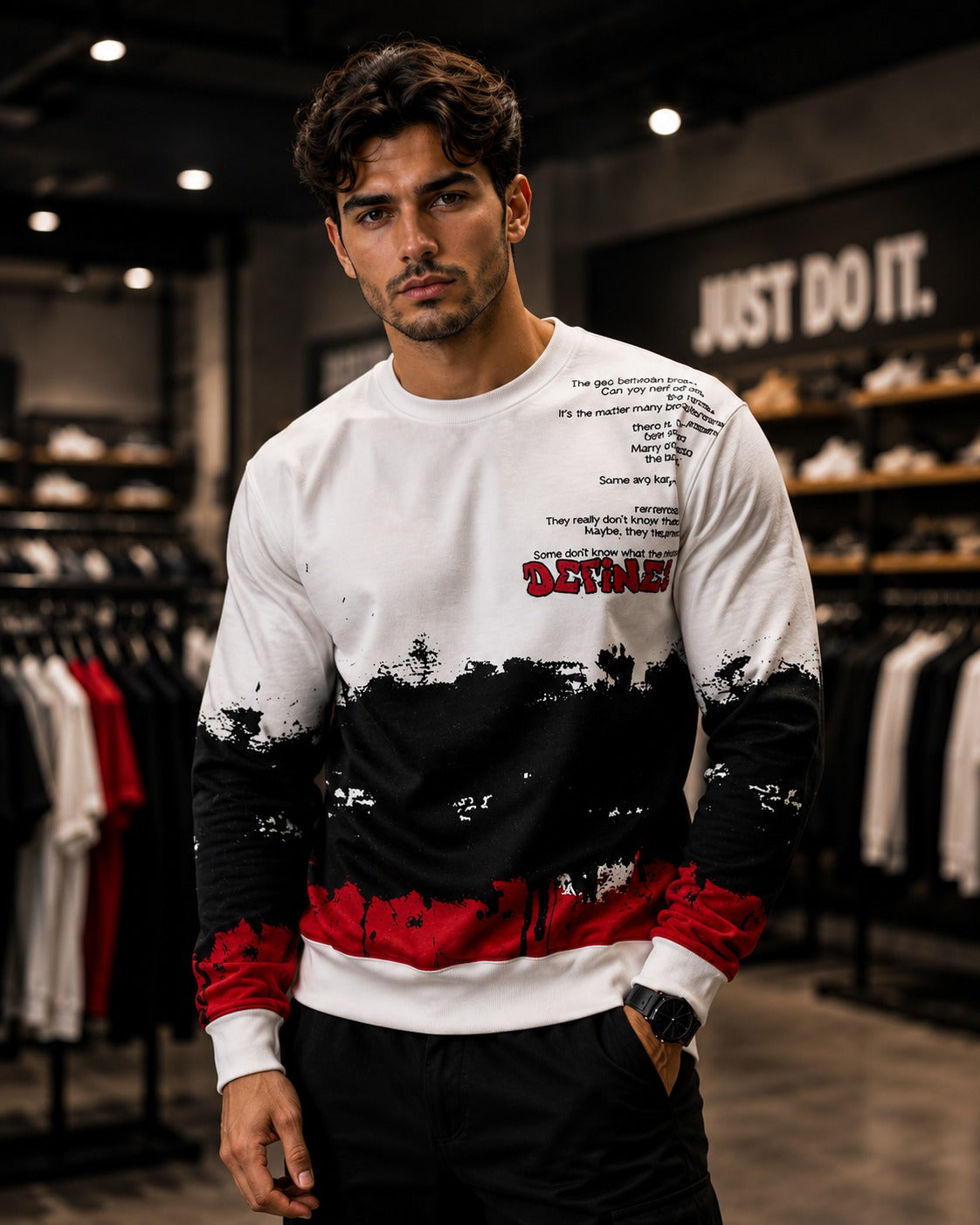 White Tri-Color "DEFINE" Graphic Crewneck Sweatshirt