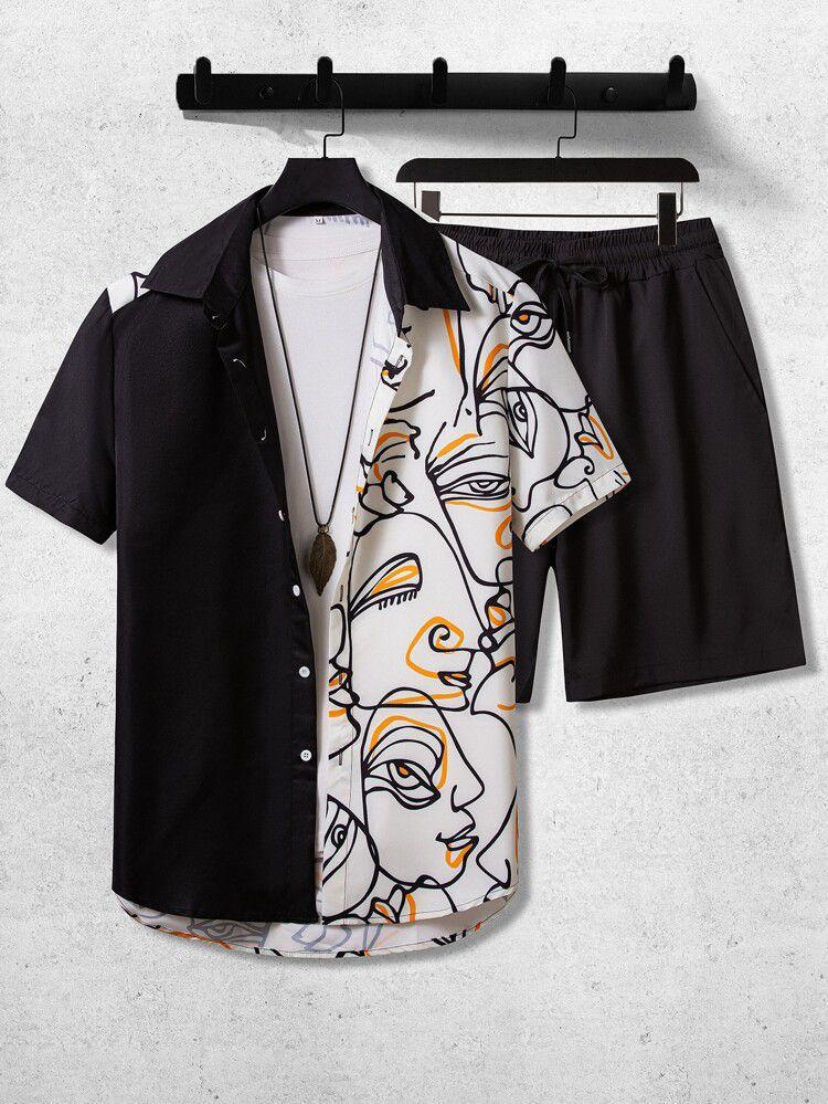 Men’s Abstract Face Print Shirt & Black Shorts Set