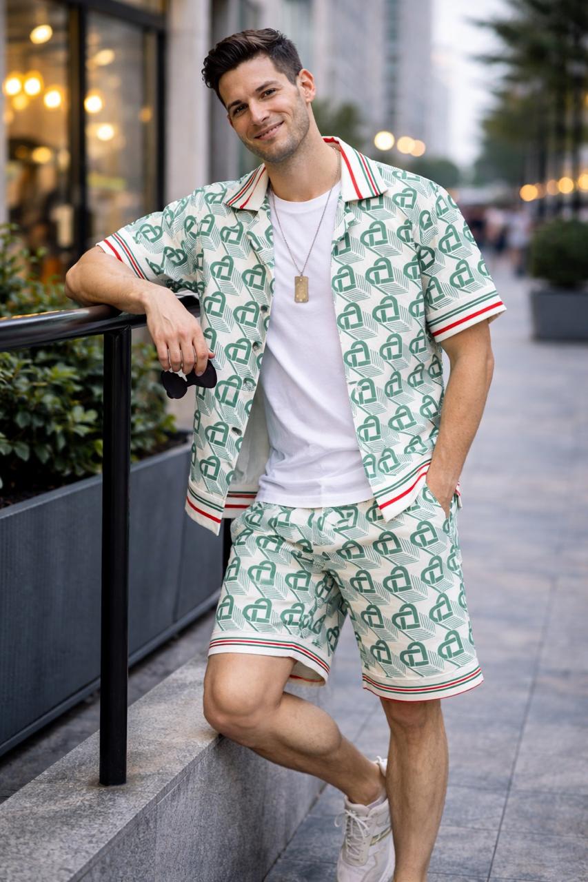 Men’s Green Monogram Print Co-ord Set