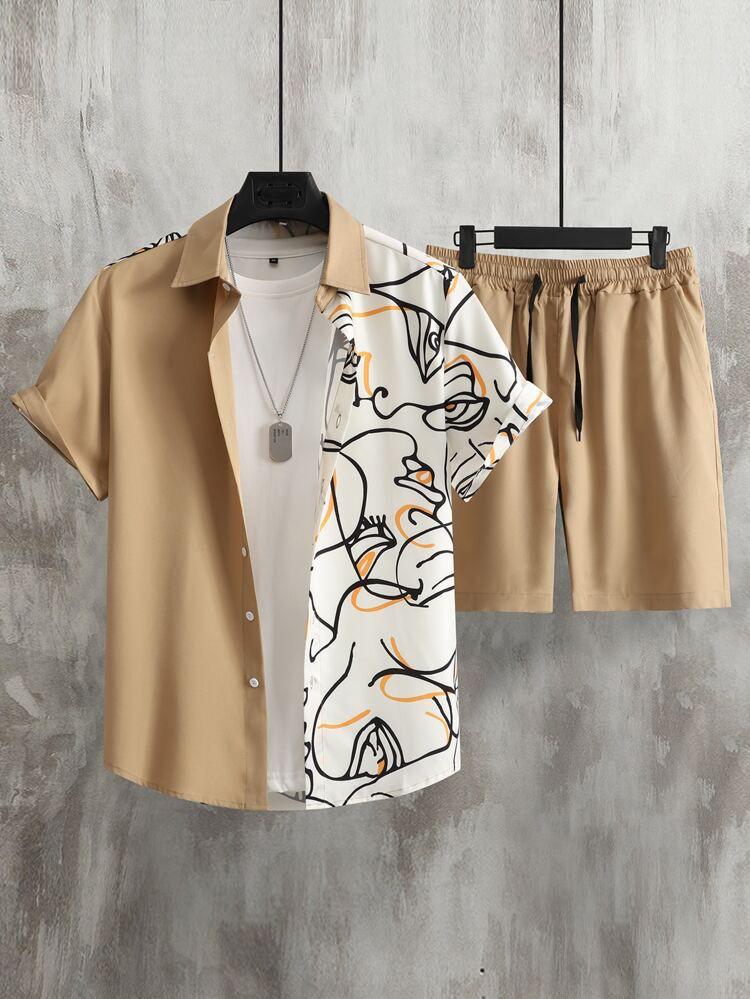 Men’s Abstract Face Print Shirt & Black Shorts Set