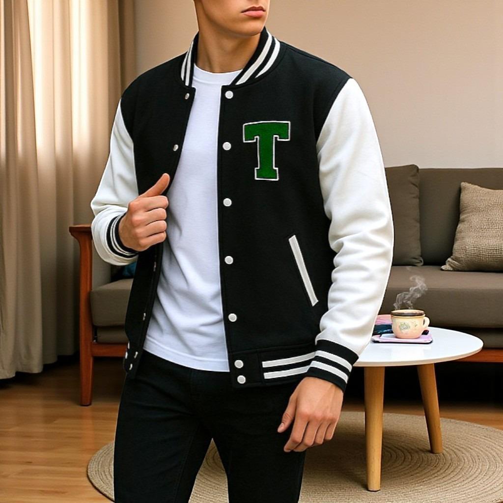 Black & White Varsity Letterman Jacket with Green 'T'