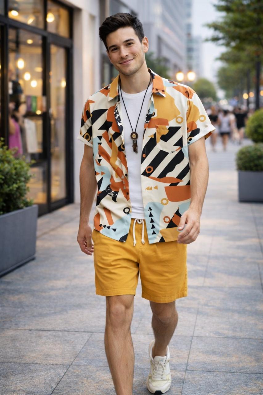 Men’s Abstract Print Shirt & Mustard Shorts Set