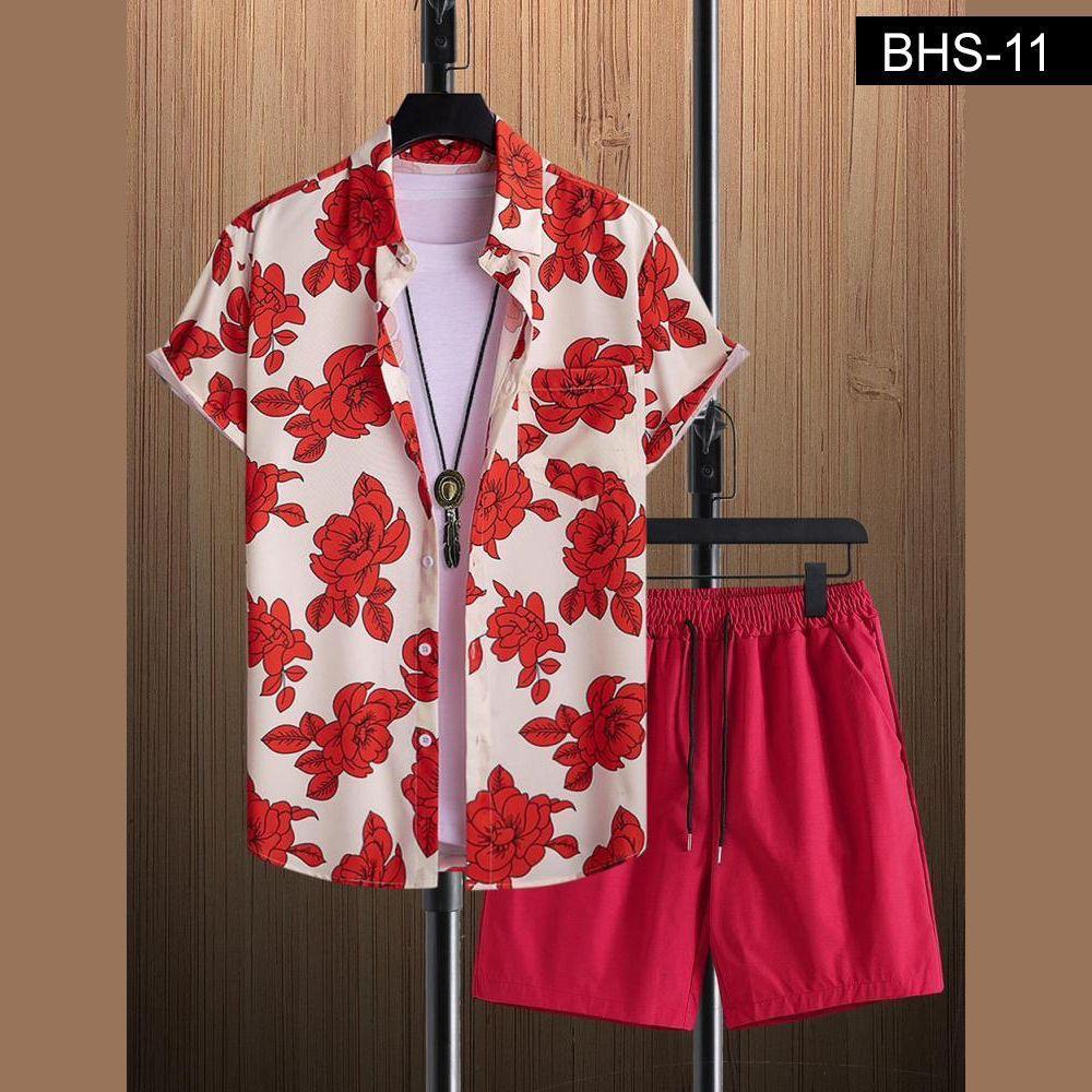 Men’s Red Rose Floral Shirt & Shorts Set