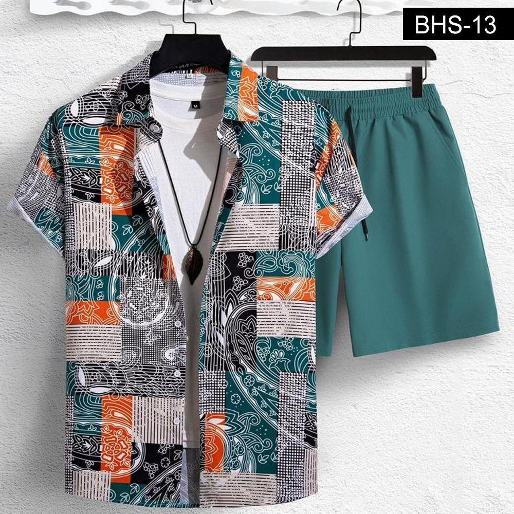 Men’s Patchwork Shirt & Teal Shorts Set