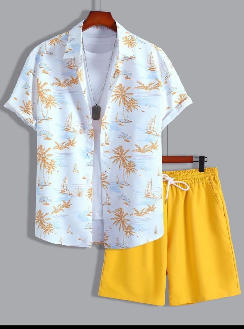 Men’s Tropical Palm Print Shirt & Yellow Shorts Set
