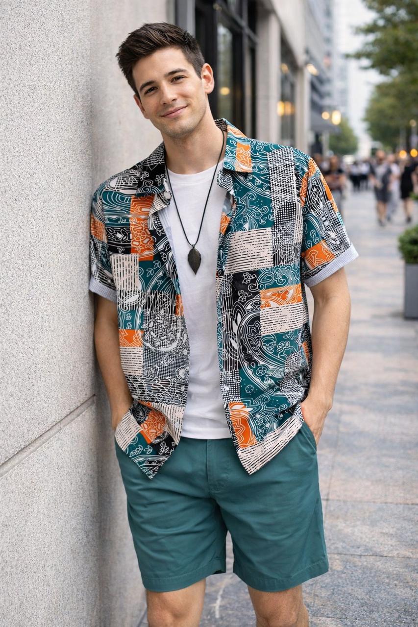Men’s Tropical Palm Print Shirt & Yellow Shorts Set
